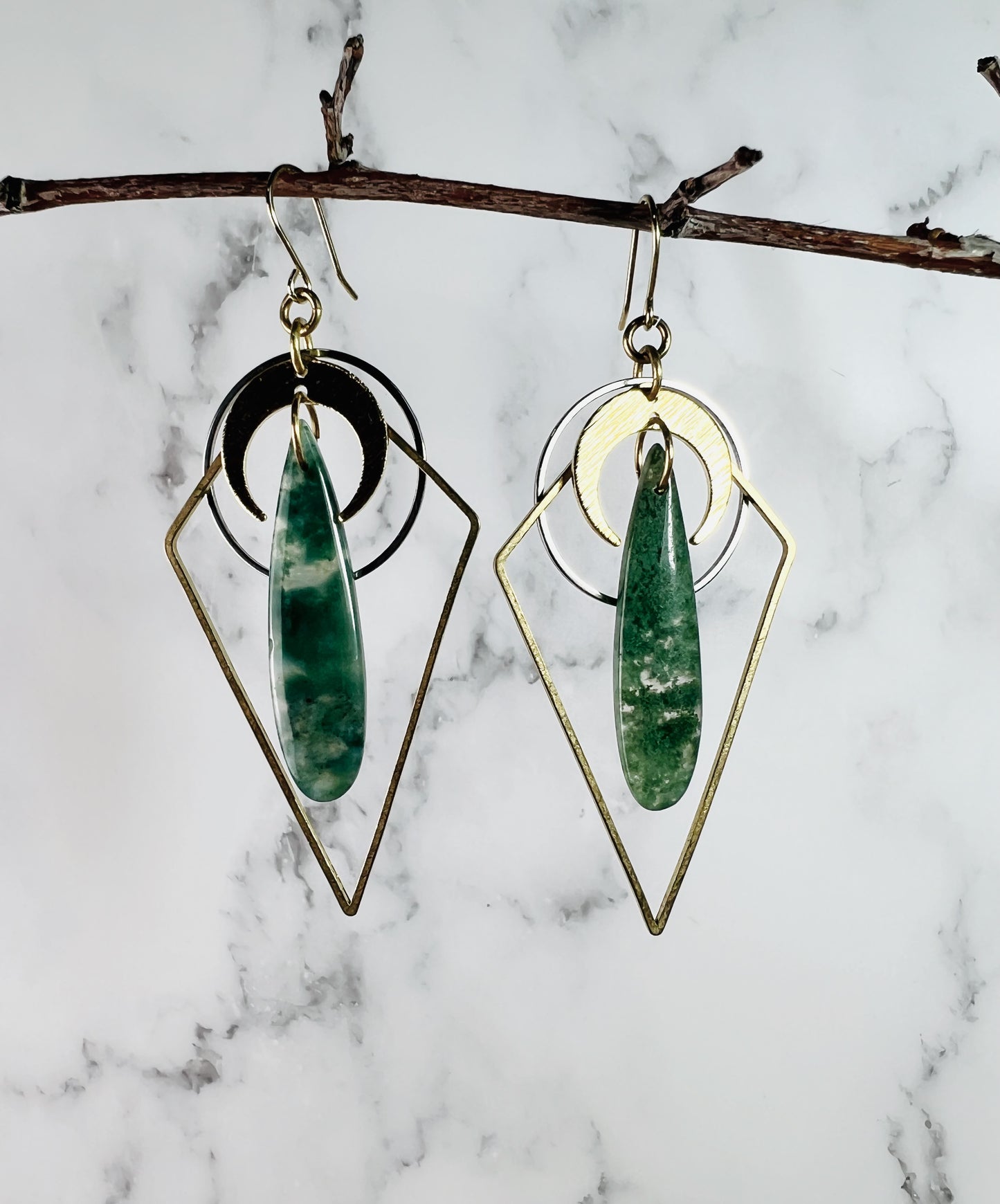 Pair of Lightweight Moss Agate Earrings, Manifestation Jewelry