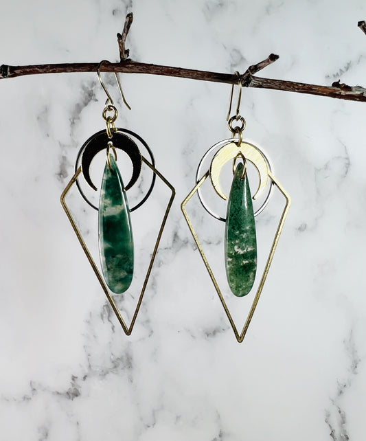 Pair of Lightweight Moss Agate Earrings, Manifestation Jewelry