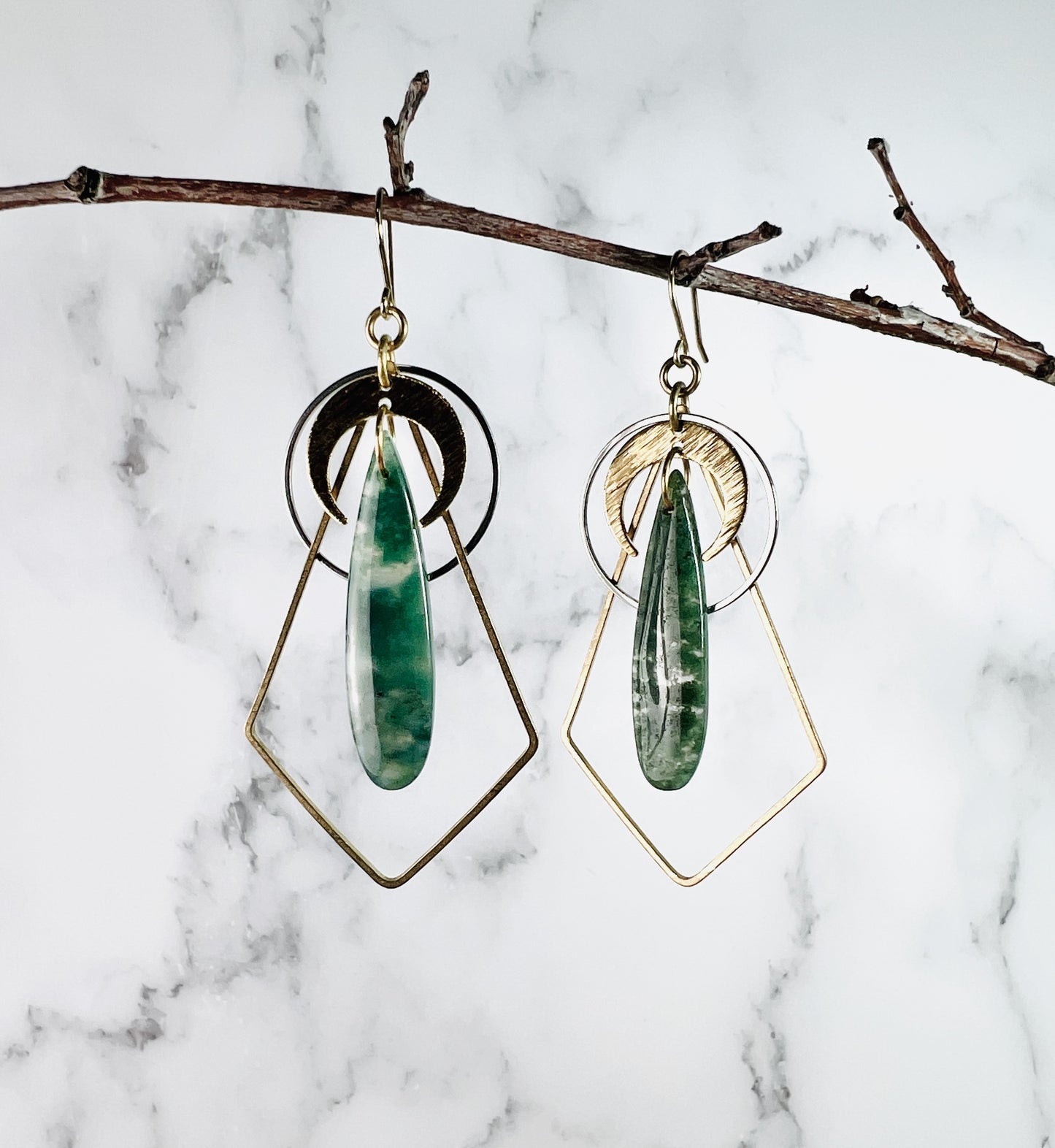 Pair of Lightweight Moss Agate Earrings, Manifestation Jewelry