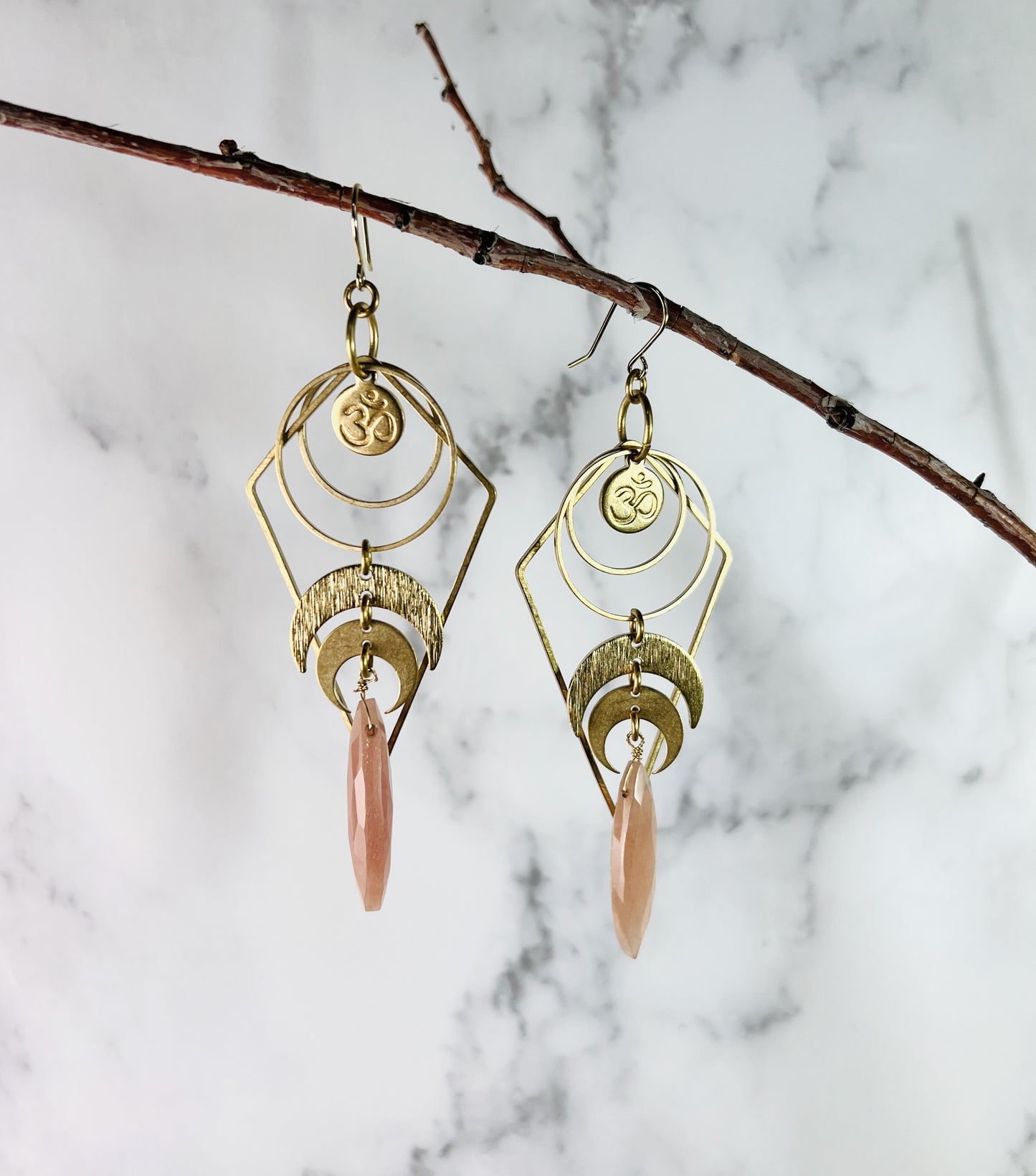 Pair of Lightweight Peach Moonstone Om Earrings, Manifestation Jewelry