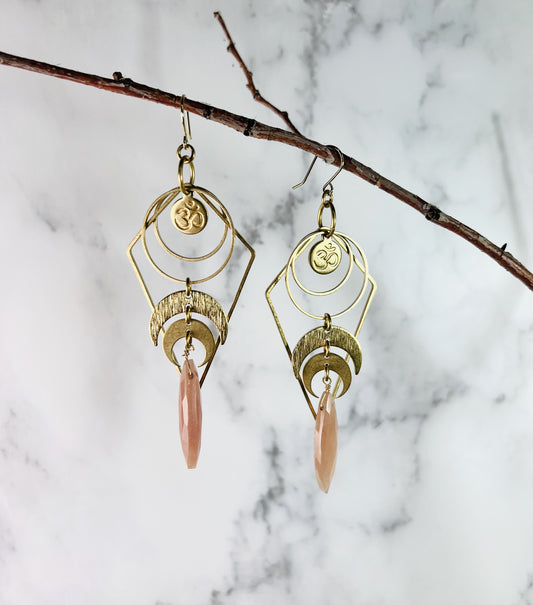 Pair of Lightweight Peach Moonstone Om Earrings, Manifestation Jewelry