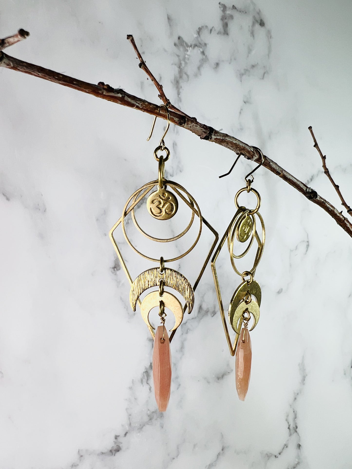 Pair of Lightweight Peach Moonstone Om Earrings, Manifestation Jewelry