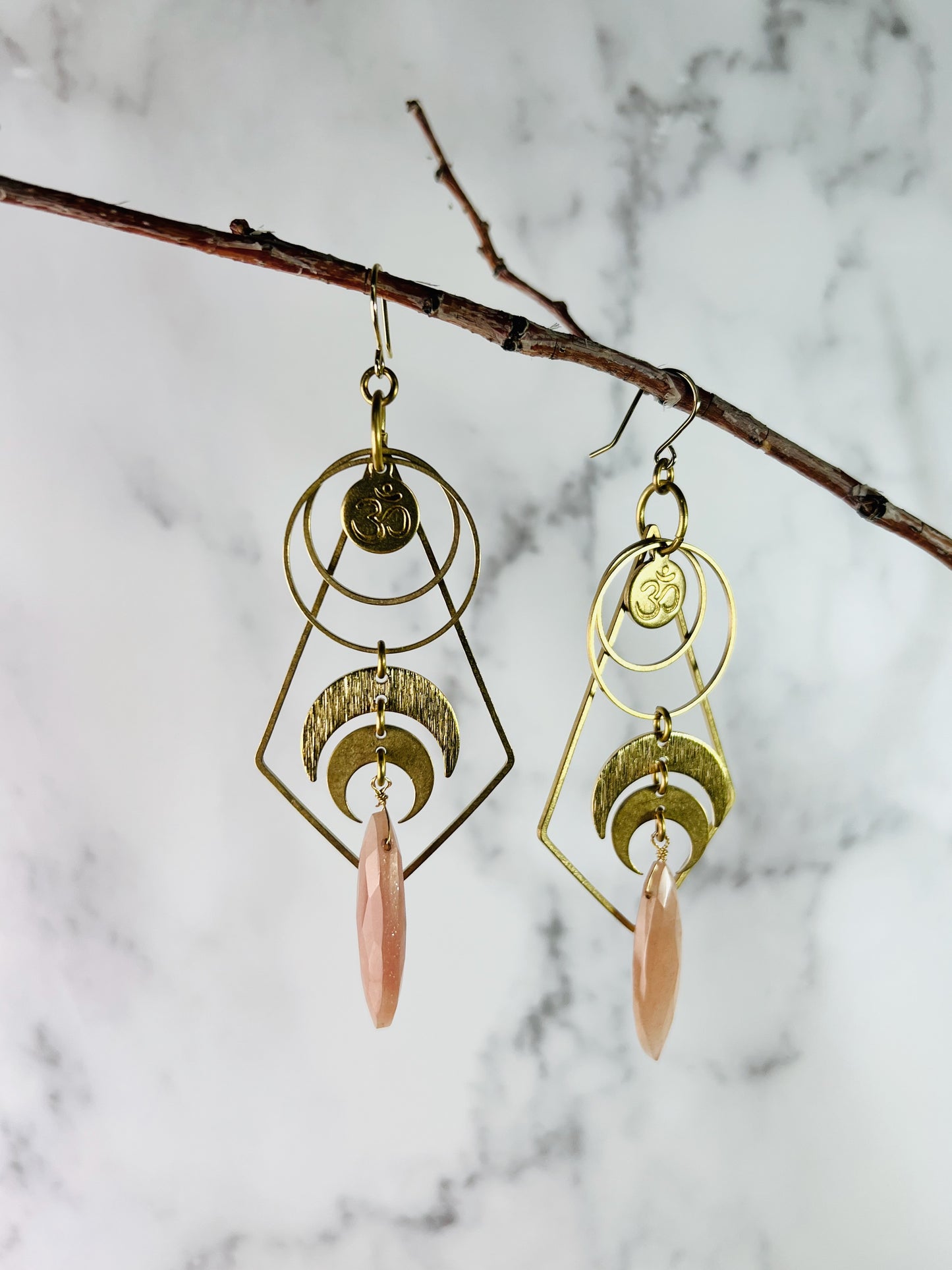 Pair of Lightweight Peach Moonstone Om Earrings, Manifestation Jewelry