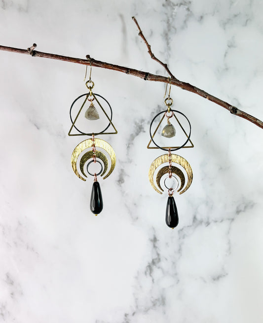 Pair of Labradorite and Onyx Earrings, Manifestation Jewelry