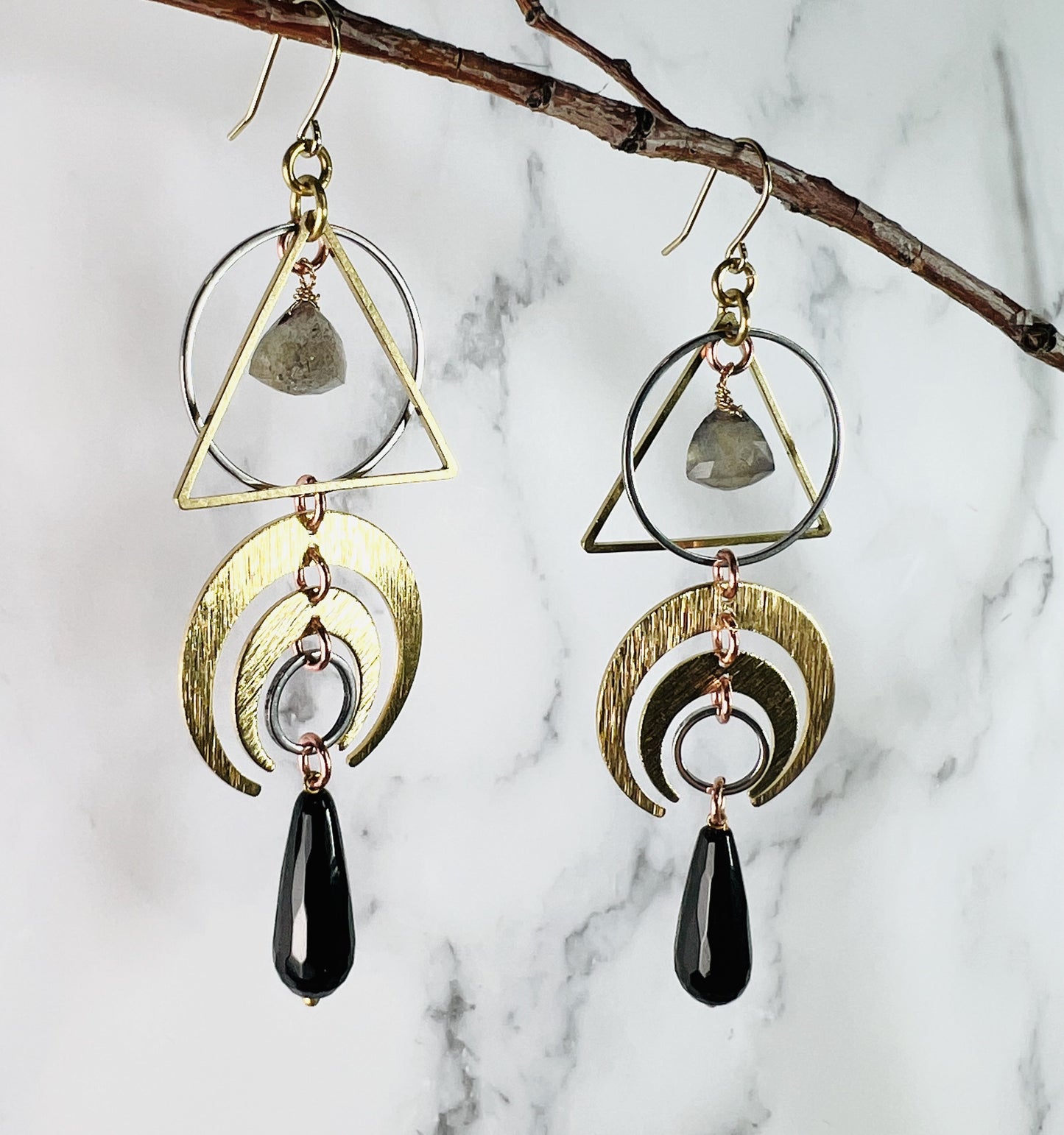 Pair of Labradorite and Onyx Earrings, Manifestation Jewelry
