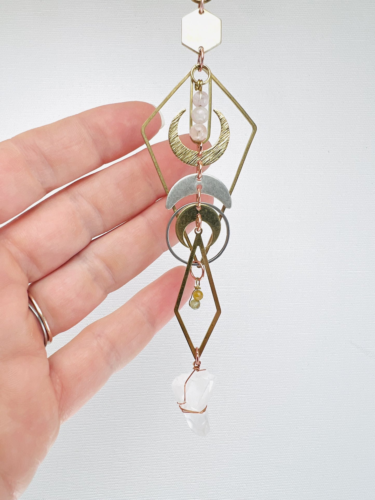 Morganite, Green Tourmaline, Quartz Manifestation Mini, Rearview Mirror Car Charm