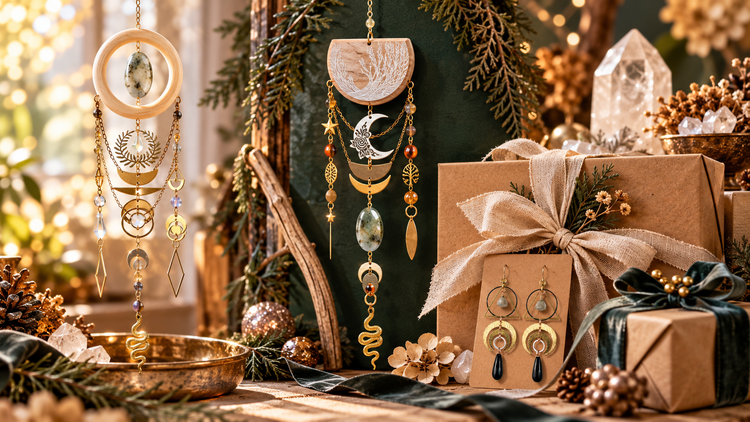 Handmade crystal wall art and crystal earrings displayed with wrapped gifts, natural crystals and greenery for meaningful holiday gift giving.