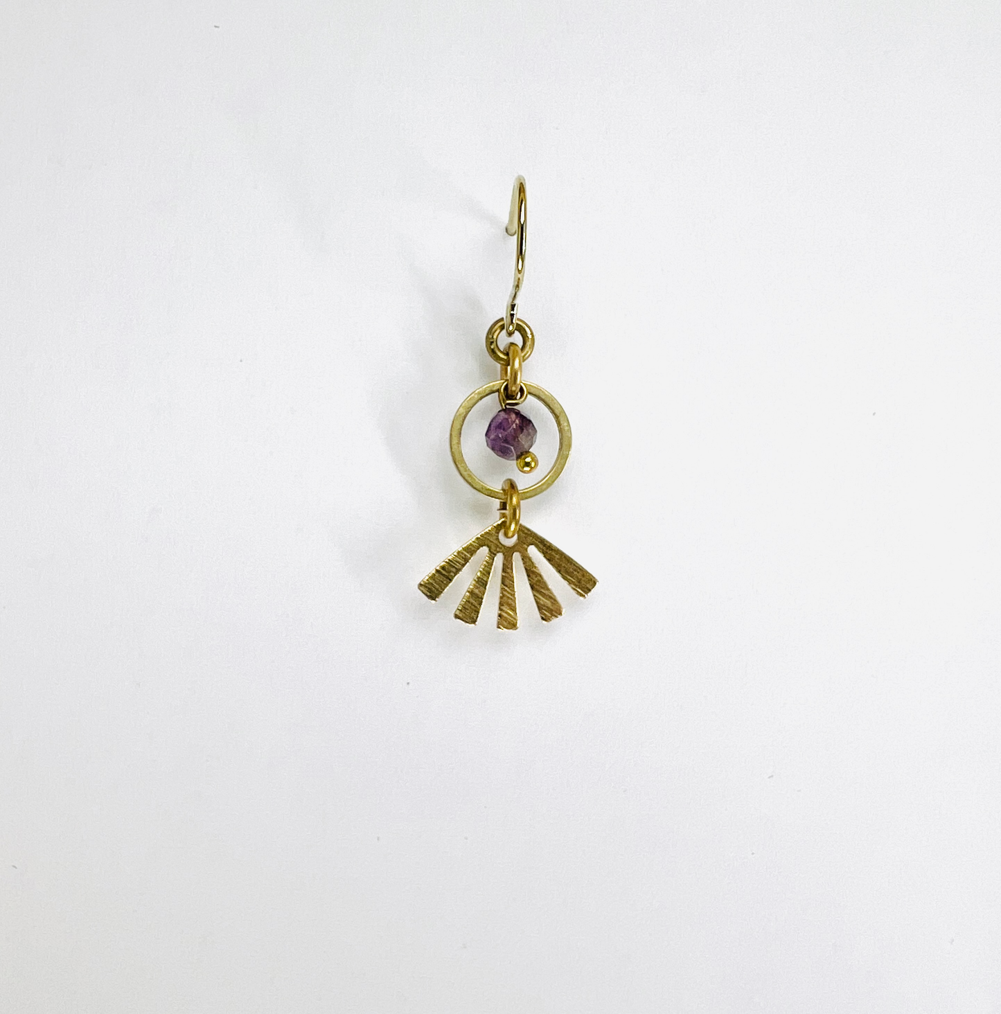 Amethyst fan single crystal earring, handmade manifestation jewelry created to support calm, intuition, and emotional balance.

