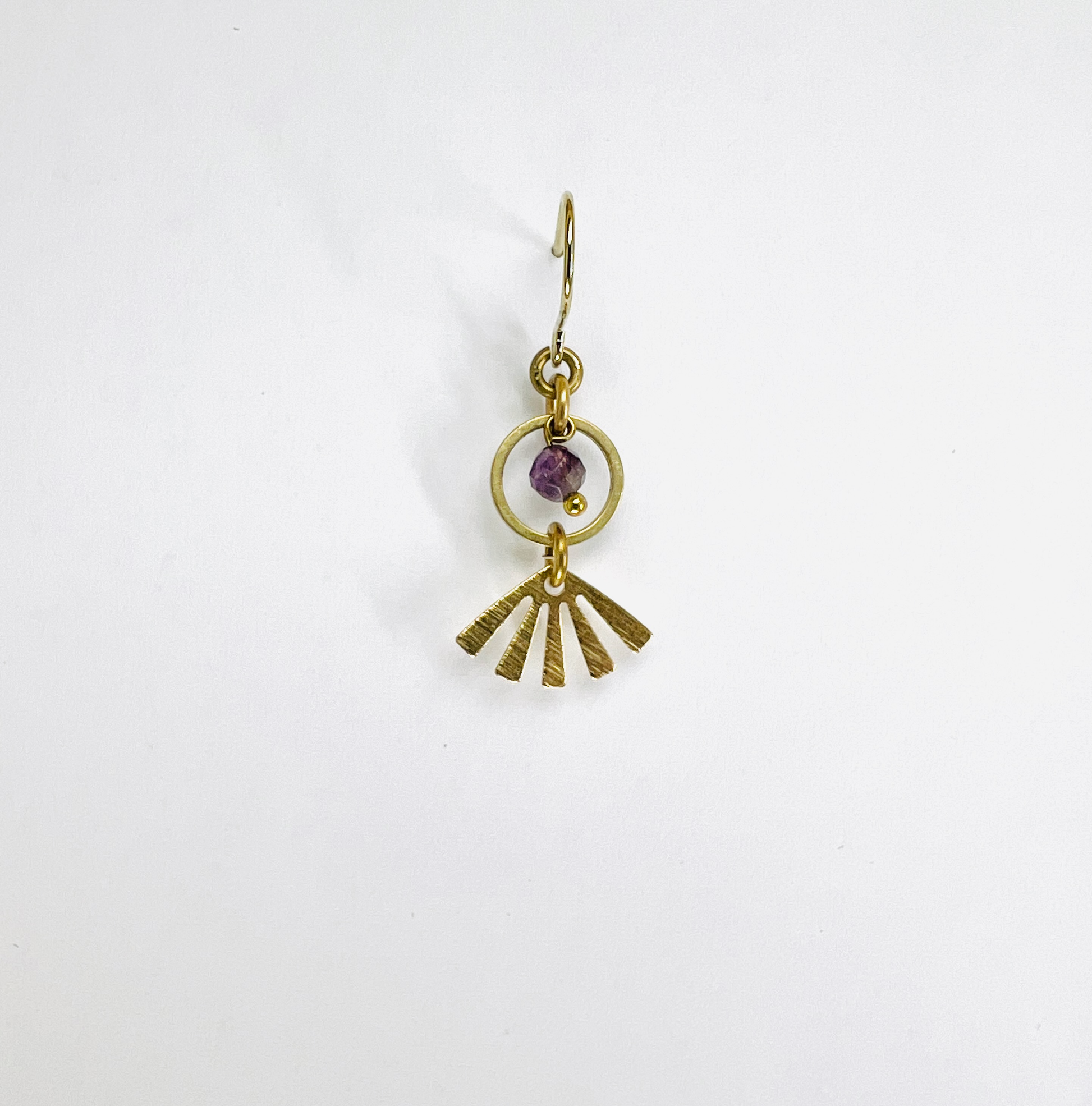 Amethyst fan single crystal earring, handmade manifestation jewelry created to support calm, intuition, and emotional balance.
