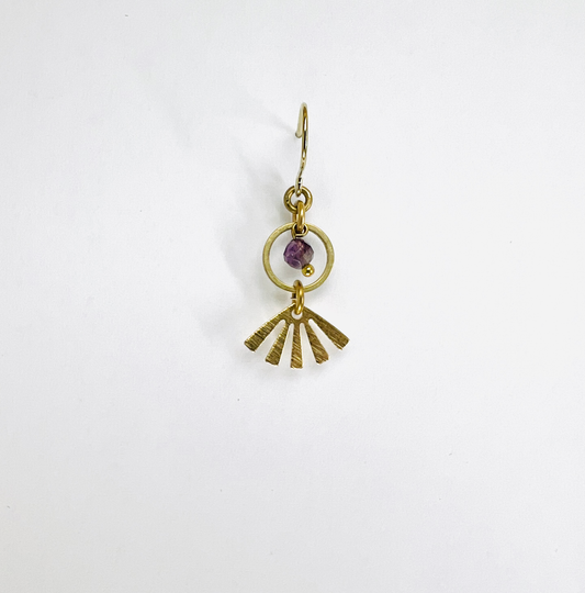 Amethyst fan single crystal earring, handmade manifestation jewelry created to support calm, intuition, and emotional balance.
