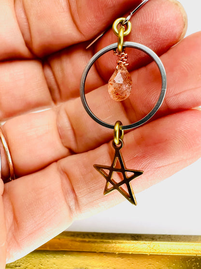 Single Crystal Earring, Sunstone and Star, Manifestation Jewelry