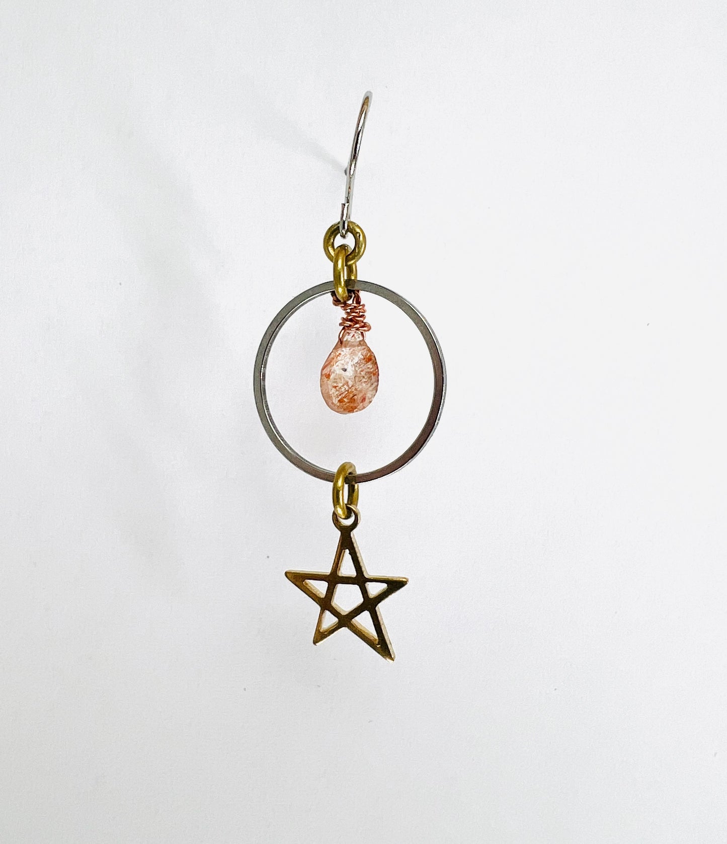 Sunstone and star single crystal earring, handmade manifestation jewelry created to support joy, confidence, and self-empowerment.