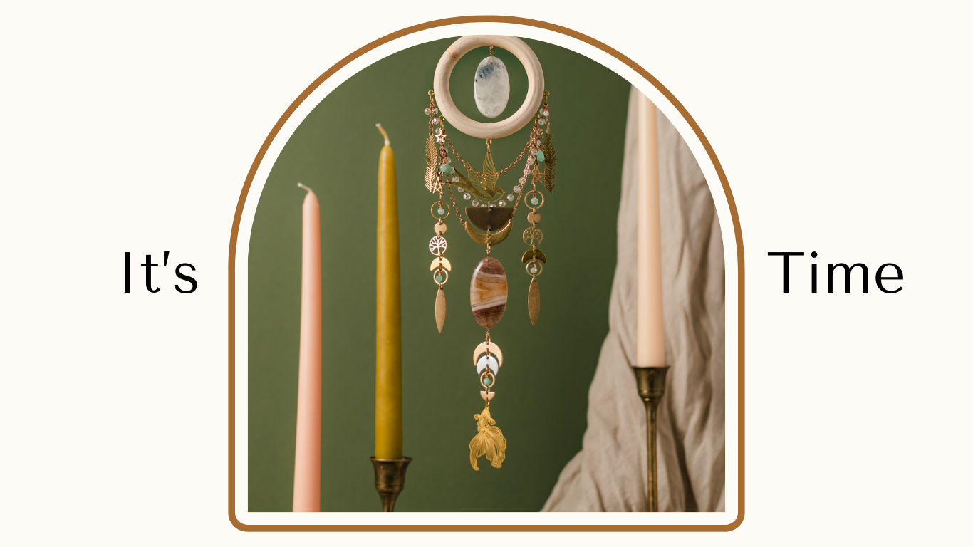 Decorative wall hanging with candles and text 'It's Time' on a green background