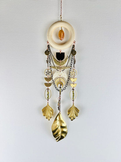 Fossilized Coral, Smoky Quartz & Green Garnet Manifestation Charm Wall Art