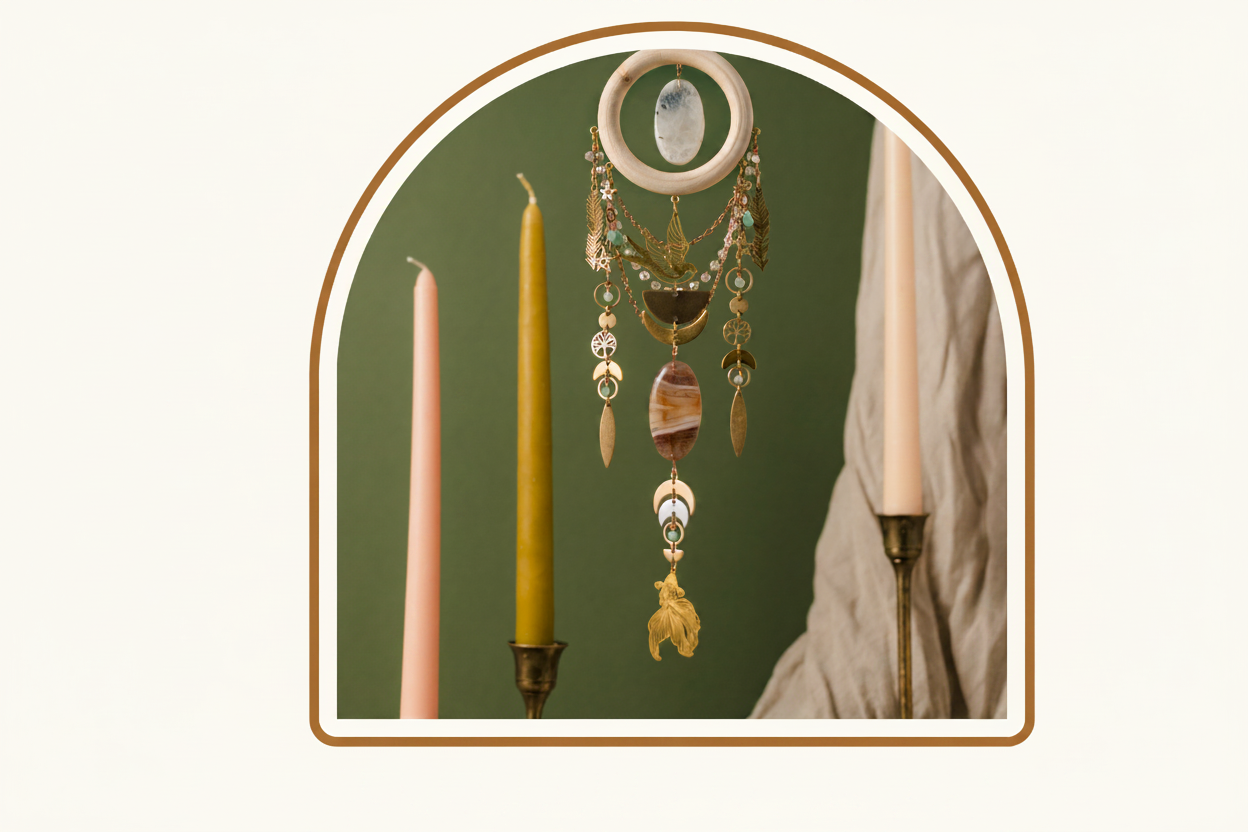 Decorative hanging intentional wall art, made of wood, metal and crystals with candles, drapes and text 'It's Time' on a green background