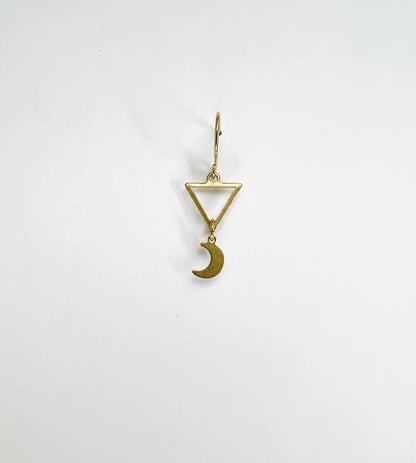single Brass triangle and crescent moon earring, handcrafted minimalist intentional jewelry.