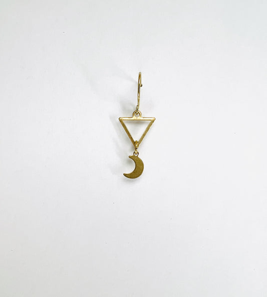 single Brass triangle and crescent moon earring, handcrafted minimalist intentional jewelry.