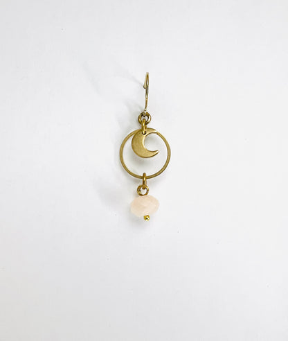 single Pink Aventurine and crescent moon crystal earring; handmade manifestation jewelry designed to support positivity, emotional balance, and gentle prosperity on a white background.