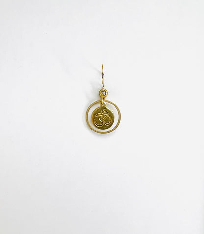 hypoallergenic hook, Brass ring and Om symbol single short earring, handcrafted minimalist intentional jewelry.