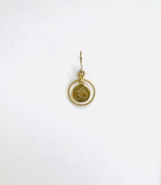 hypoallergenic hook, Brass ring and Om symbol single short earring, handcrafted minimalist intentional jewelry.
