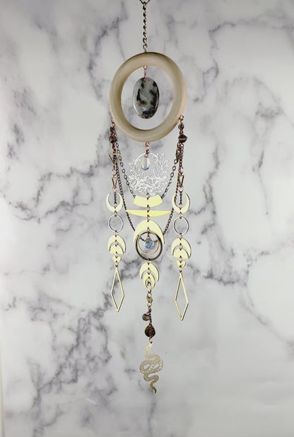 Moonstone & Iolite Wall Art, Manifestation Charm Handmade Hanging Wall Art Decor, Manifestation Charm with Moons and Crystals for Healing and to Attract Good Things to Life